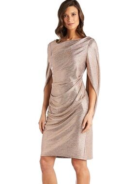 R&M Richards Womens Above The Knee Metallic Draped Sleeves Cocktail Dress- SZ 16